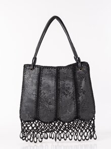 EMERY ROSE 提花釘珠流蘇裝飾單肩托特包 - 黑色 - 查看 1