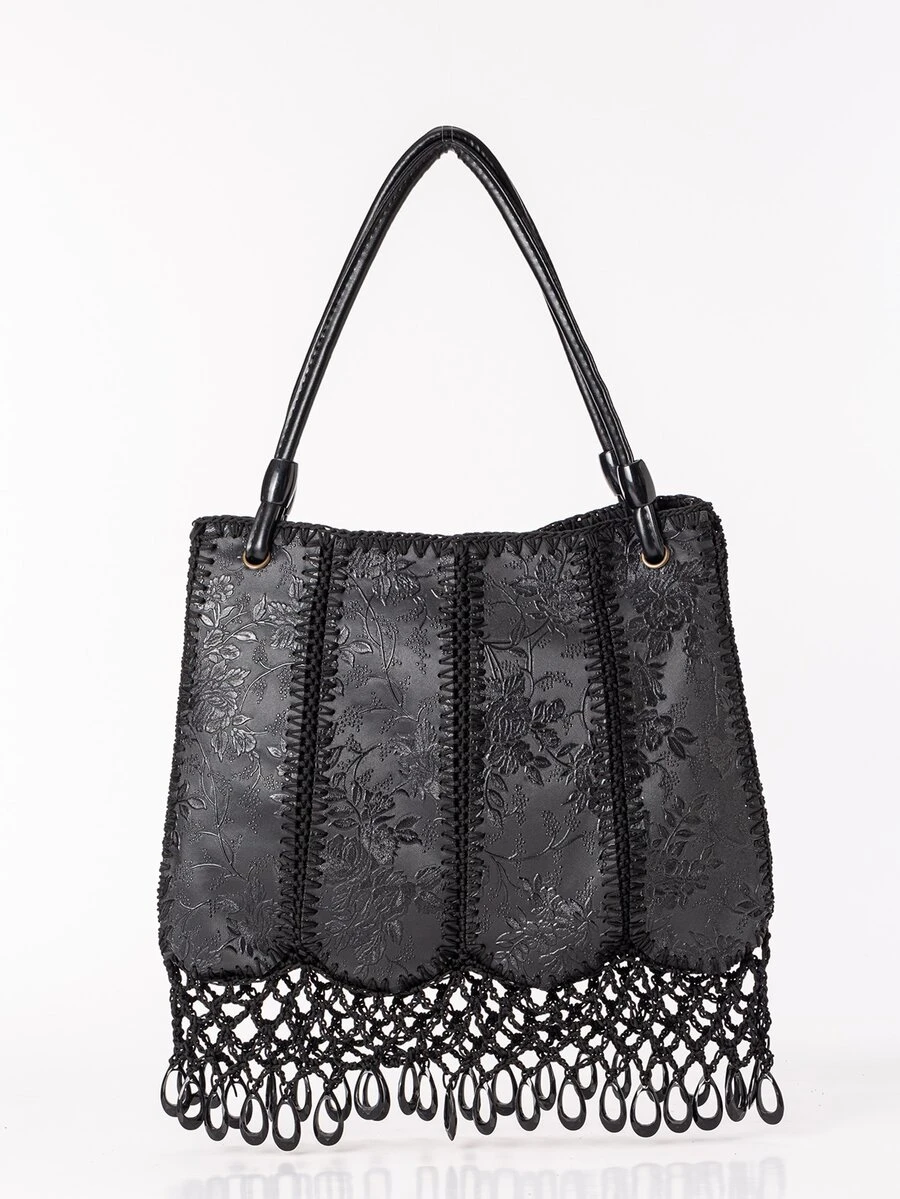 EMERY ROSE 提花釘珠流蘇裝飾單肩托特包 - 黑色 - 查看 1