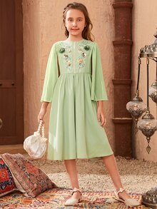 SHEIN Đầm Gái Đề can Nghề thêu Hoa Ăn mặc đẹp - Màu xanh Bạc hà - Xem 3