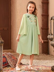 SHEIN Đầm Gái Đề can Nghề thêu Hoa Ăn mặc đẹp - Màu xanh Bạc hà - Xem 5