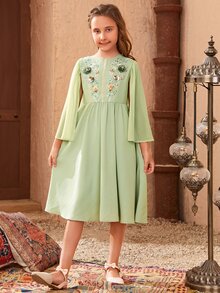 SHEIN Đầm Gái Đề can Nghề thêu Hoa Ăn mặc đẹp - Màu xanh Bạc hà - Xem 6