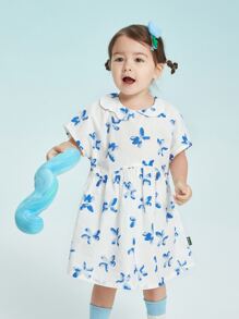 小女童不對稱翻領印花娃娃裙 - 白色 - 查看 1