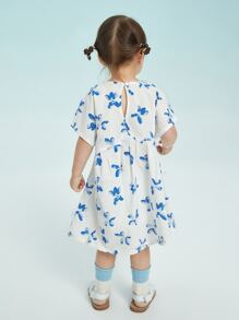 小女童不對稱翻領印花娃娃裙 - 白色 - 查看 2