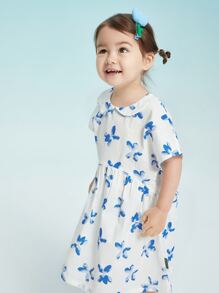 小女童不對稱翻領印花娃娃裙 - 白色 - 查看 3