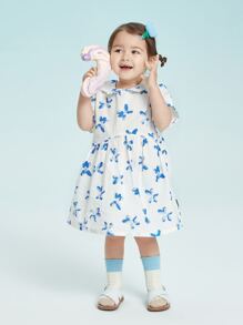小女童不對稱翻領印花娃娃裙 - 白色 - 查看 5