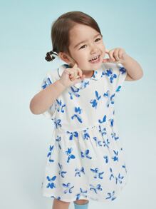 小女童不對稱翻領印花娃娃裙 - 白色 - 查看 6