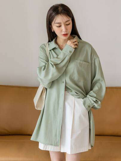 Button Front Drop Shoulder Blouse,Fall Women Clothes Long Sleeve Top