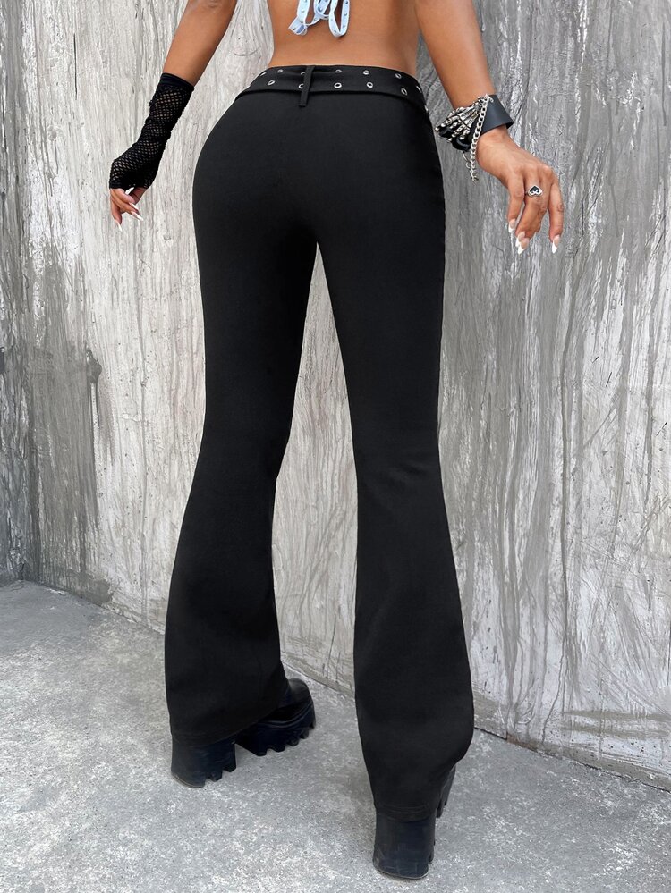 Low Rise Grommet Eyelet Belted Ring Flare Leg Pants