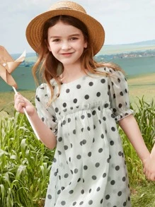 Girls Polka Dot Puff Sleeve Ruffle Trim Organza Dress - Light Grey - View 1