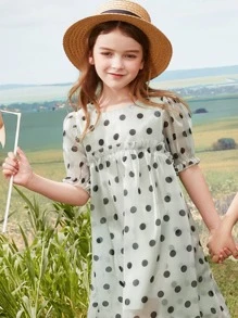 Girls Polka Dot Puff Sleeve Ruffle Trim Organza Dress - Light Grey - View 3