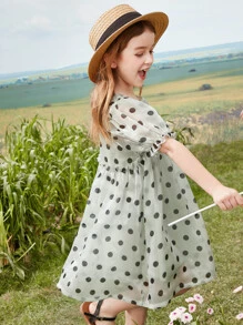 Girls Polka Dot Puff Sleeve Ruffle Trim Organza Dress - Light Grey - View 2