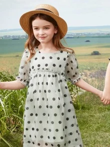 Girls Polka Dot Puff Sleeve Ruffle Trim Organza Dress - Light Grey - View 4