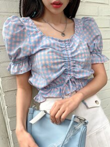DAZY 雙色格子泡泡袖抽繩荷葉邊襯衫 - 彩色 - 查看 1