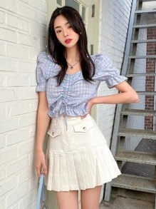 DAZY 雙色格子泡泡袖抽繩荷葉邊襯衫 - 彩色 - 查看 4