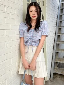 DAZY 雙色格子泡泡袖抽繩荷葉邊襯衫 - 彩色 - 查看 5