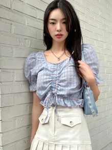 DAZY 雙色格子泡泡袖抽繩荷葉邊襯衫 - 彩色 - 查看 7