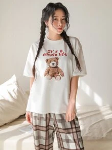 DAZY 熊和標語印花T恤和格紋長褲家居服套裝 - 彩色 - 查看 1