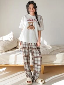 DAZY 熊和標語印花T恤和格紋長褲家居服套裝 - 彩色 - 查看 2