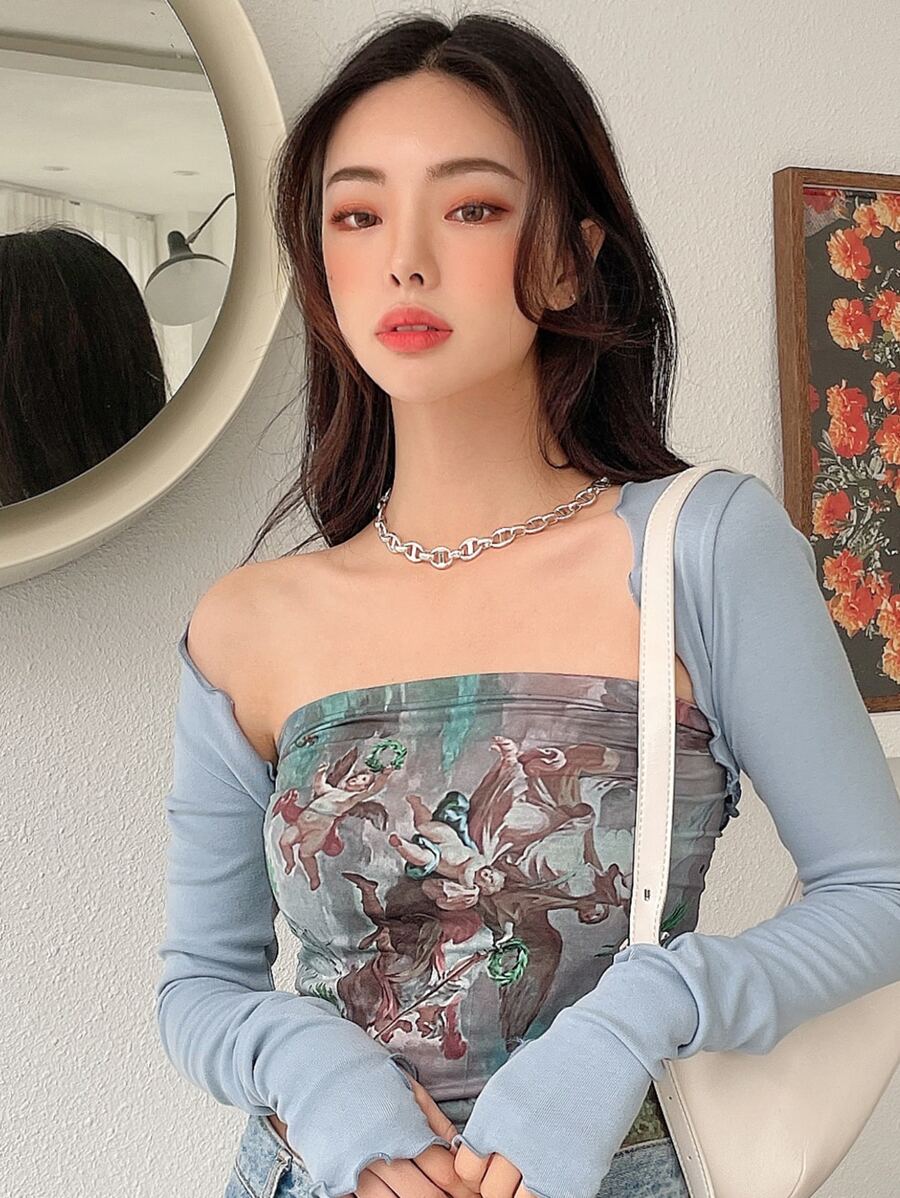 DAZY 天使和樹印花短式無肩帶上衣 - 彩色 - 查看 1