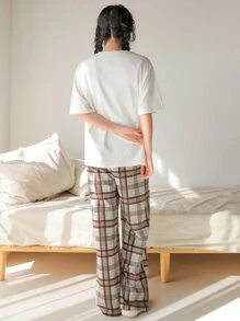 DAZY 熊和標語印花T恤和格紋長褲家居服套裝 - 彩色 - 查看 3
