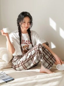DAZY 熊和標語印花T恤和格紋長褲家居服套裝 - 彩色 - 查看 4