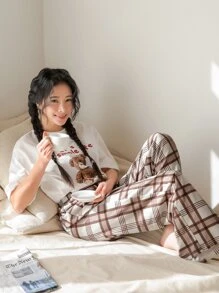 DAZY 熊和標語印花T恤和格紋長褲家居服套裝 - 彩色 - 查看 5