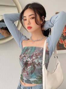 DAZY 天使和樹印花短式無肩帶上衣 - 彩色 - 查看 5