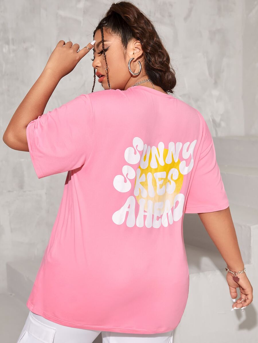 大码字母图案落肩 T 恤 - 淺粉色 - 查看 1
