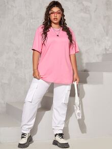 大码字母图案落肩 T 恤 - 淺粉色 - 查看 3