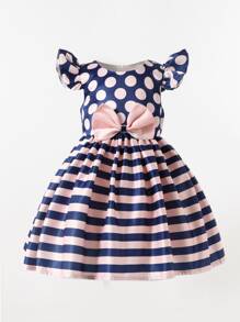 Young Girls Polka Dot & Striped Bow Front Ruffle Trim Party Dress - Multicolor - View 1
