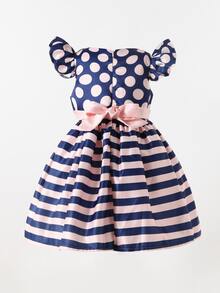 Young Girls Polka Dot & Striped Bow Front Ruffle Trim Party Dress - Multicolor - View 2