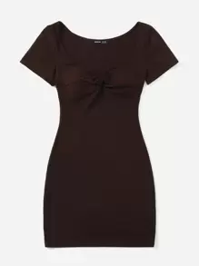 SHEIN PETITE 雞心領口前扭結連衣裙 - 巧克力棕 - 查看 3