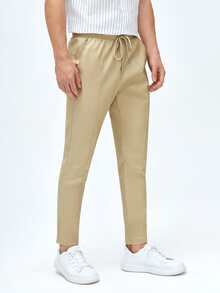 Manfinity 男士按折痕腰部抽繩長褲 - 卡其色 - 查看 3