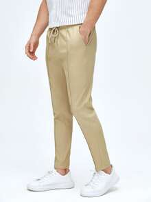 Manfinity 男士按折痕腰部抽繩長褲 - 卡其色 - 查看 4