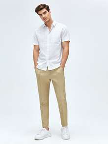 Manfinity 男士按折痕腰部抽繩長褲 - 卡其色 - 查看 5