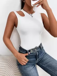 SHEIN PETITE Cut Out Slim Fit Tank Bodysuit - White - View 1