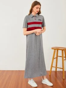 Mulvari Letter Embroidery Color Block Polo Neck Drop Shoulder Dress
