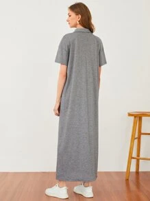 Mulvari Letter Embroidery Color Block Polo Neck Drop Shoulder Dress