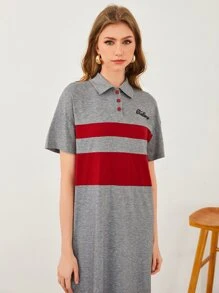 Mulvari Letter Embroidery Color Block Polo Neck Drop Shoulder Dress