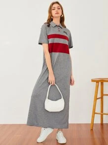 Mulvari Letter Embroidery Color Block Polo Neck Drop Shoulder Dress