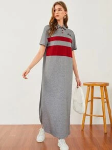 Mulvari Letter Embroidery Color Block Polo Neck Drop Shoulder Dress