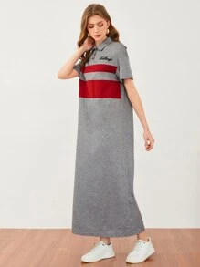 Mulvari Letter Embroidery Color Block Polo Neck Drop Shoulder Dress