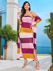 Mulvari Color Block Tube Dress & Coat - Multicolor - View 1
