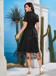 Mulvari Embroidery Butterfly Mesh Panel Puff Sleeve Belted Dress - Black - View 2