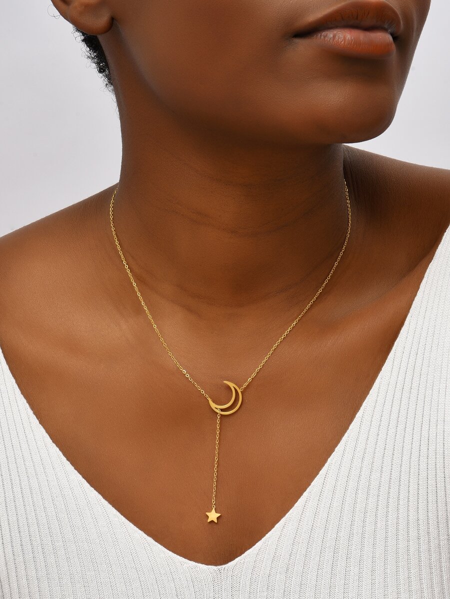 日韓風甜美小清新中空月亮流星流蘇時尚簡約不銹鋼女項鏈，適合日常穿著和約會