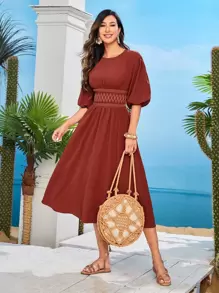 Mulvari 燈籠袖幾何刺繡腰部打褶連衣裙 - 酒紅色 - 查看 1