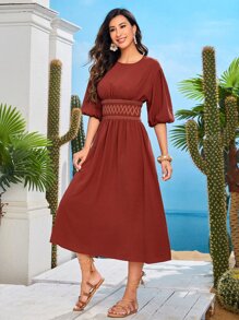 Mulvari 燈籠袖幾何刺繡腰部打褶連衣裙 - 酒紅色 - 查看 5