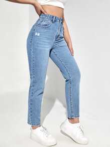 High Waist Ripped Frayed Mom Jeans