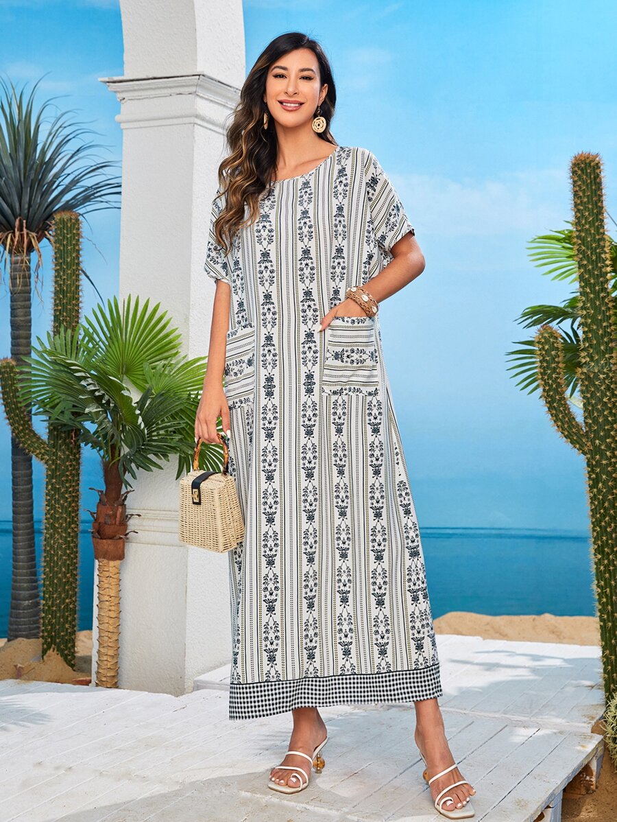 Al Najma 印花雙口袋蝙蝠袖直筒連衣裙 - 彩色 - 查看 1