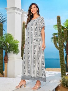 Al Najma 印花雙口袋蝙蝠袖直筒連衣裙 - 彩色 - 查看 3